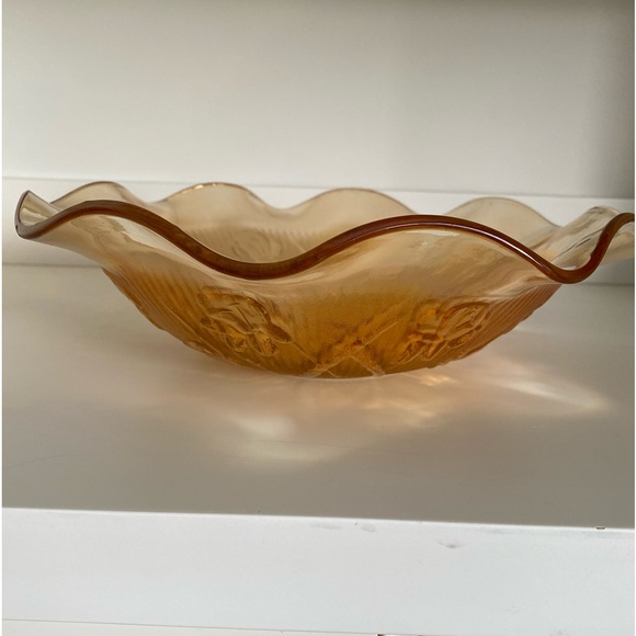 EUC VTG JEANNETTE LOUISA IRIDESCENT FLORAGOLD RUFFLED RIM BOWL CARNIVAL GLASS - Picture 7 of 9